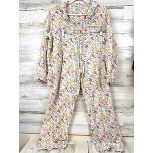 Mahogany Womens L White Floral Hand Printed Poplin Pajama Top Sleepwear Set